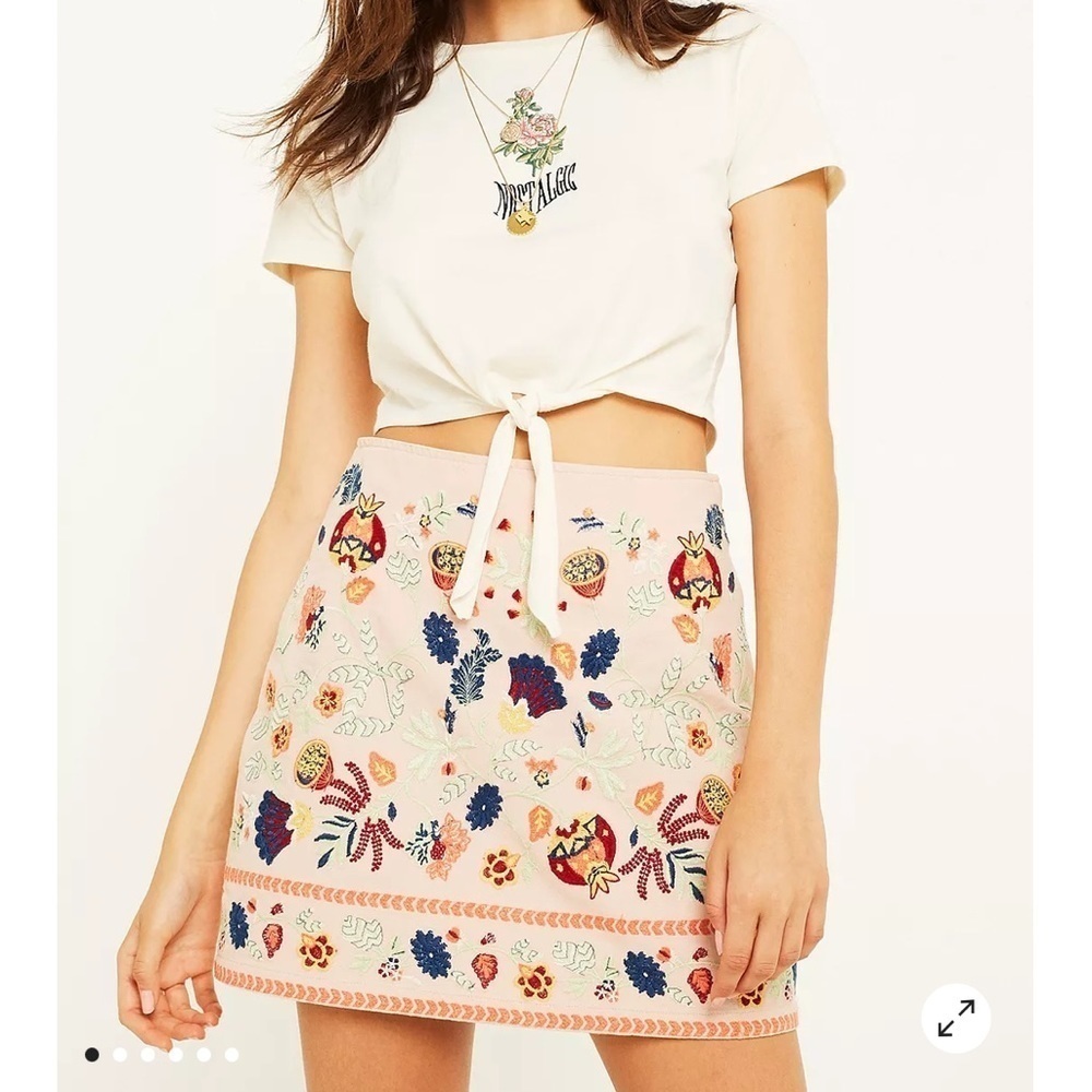Urban Outfitters Boho Embroidered Floral Baby Pink Mini Skirt